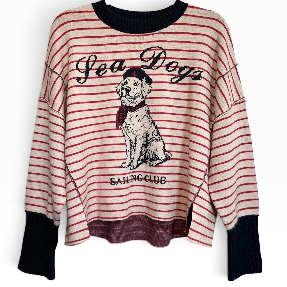 Maeve Anthropologie Logan Sea Dogs Pullover Sweater Red Stripe Dog Graphic S NWT